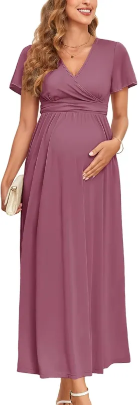 2025 Women's Maternity Maxi Dress Long Sleeve Wrap V Neck Pregnancy Dresses with Pockets Baby Shower Photoshoot Formal