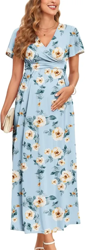 2025 Women's Maternity Maxi Dress Long Sleeve Wrap V Neck Pregnancy Dresses with Pockets Baby Shower Photoshoot Formal