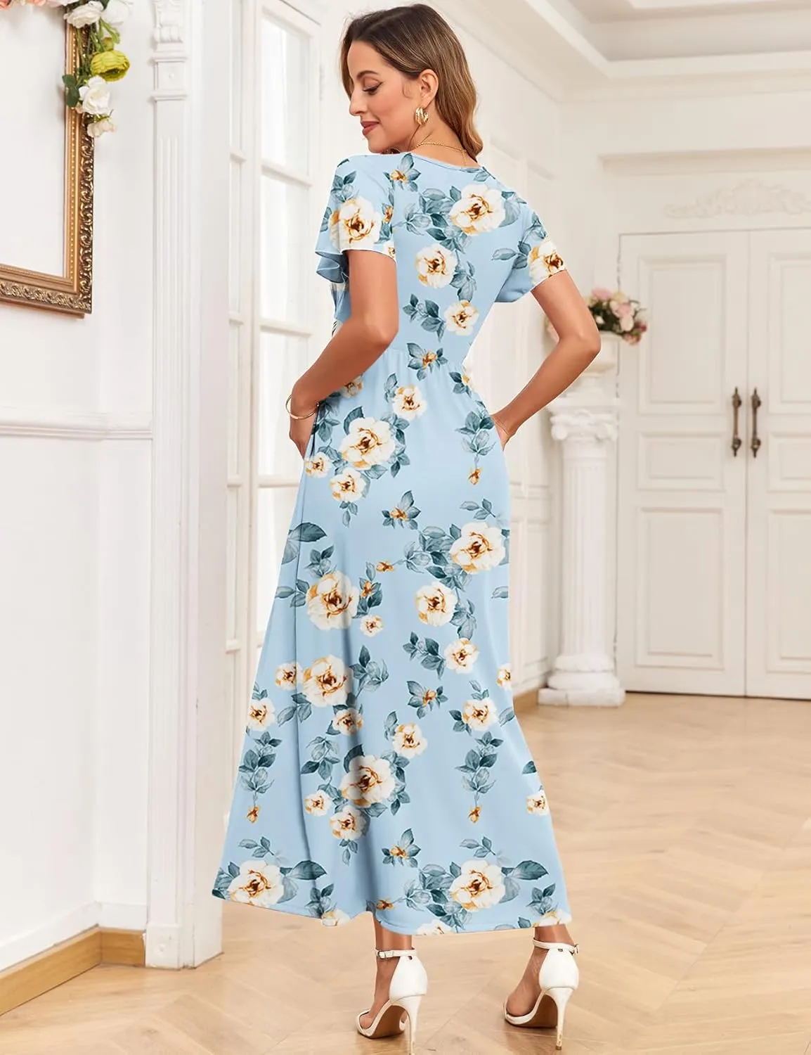 2025 Women's Maternity Maxi Dress Long Sleeve Wrap V Neck Pregnancy Dresses with Pockets Baby Shower Photoshoot Formal