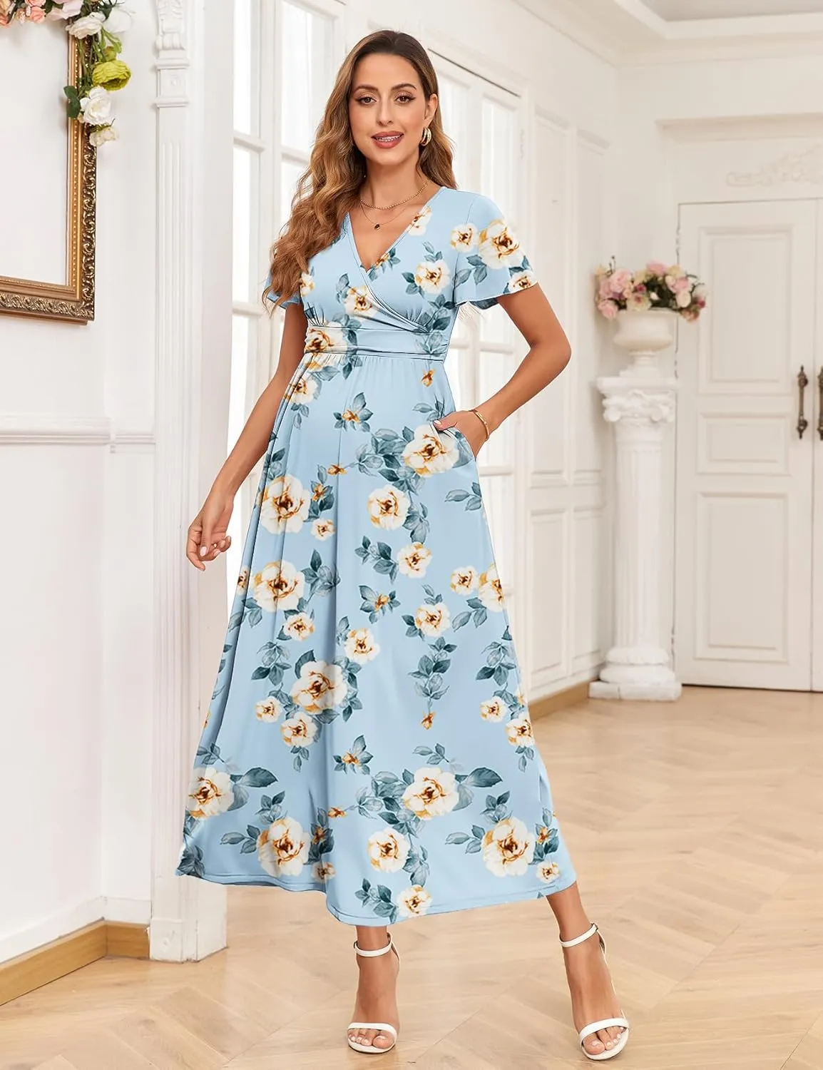 2025 Women's Maternity Maxi Dress Long Sleeve Wrap V Neck Pregnancy Dresses with Pockets Baby Shower Photoshoot Formal