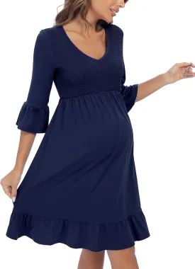 3/4 Sleeve Maternity Dress, V Neck Fall Casual Smocked Flowy Midi Dress for Baby Shower Photoshoot