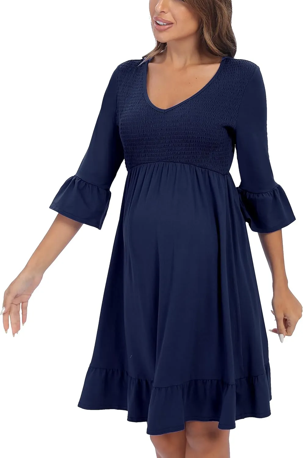 3/4 Sleeve Maternity Dress, V Neck Fall Casual Smocked Flowy Midi Dress for Baby Shower Photoshoot