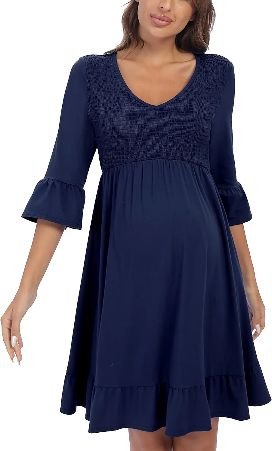 3/4 Sleeve Maternity Dress, V Neck Fall Casual Smocked Flowy Midi Dress for Baby Shower Photoshoot