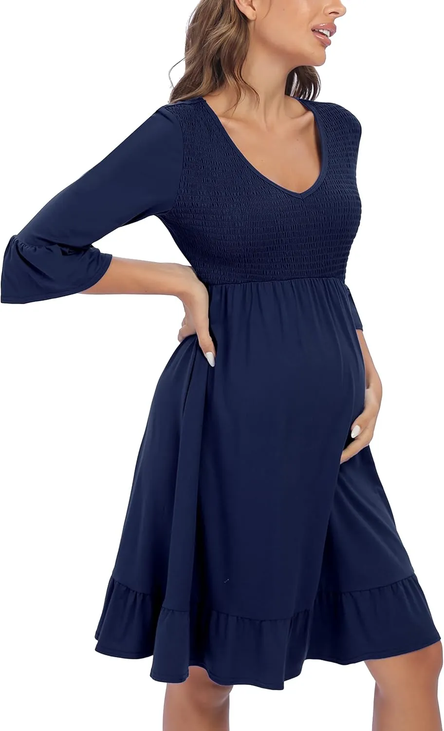 3/4 Sleeve Maternity Dress, V Neck Fall Casual Smocked Flowy Midi Dress for Baby Shower Photoshoot