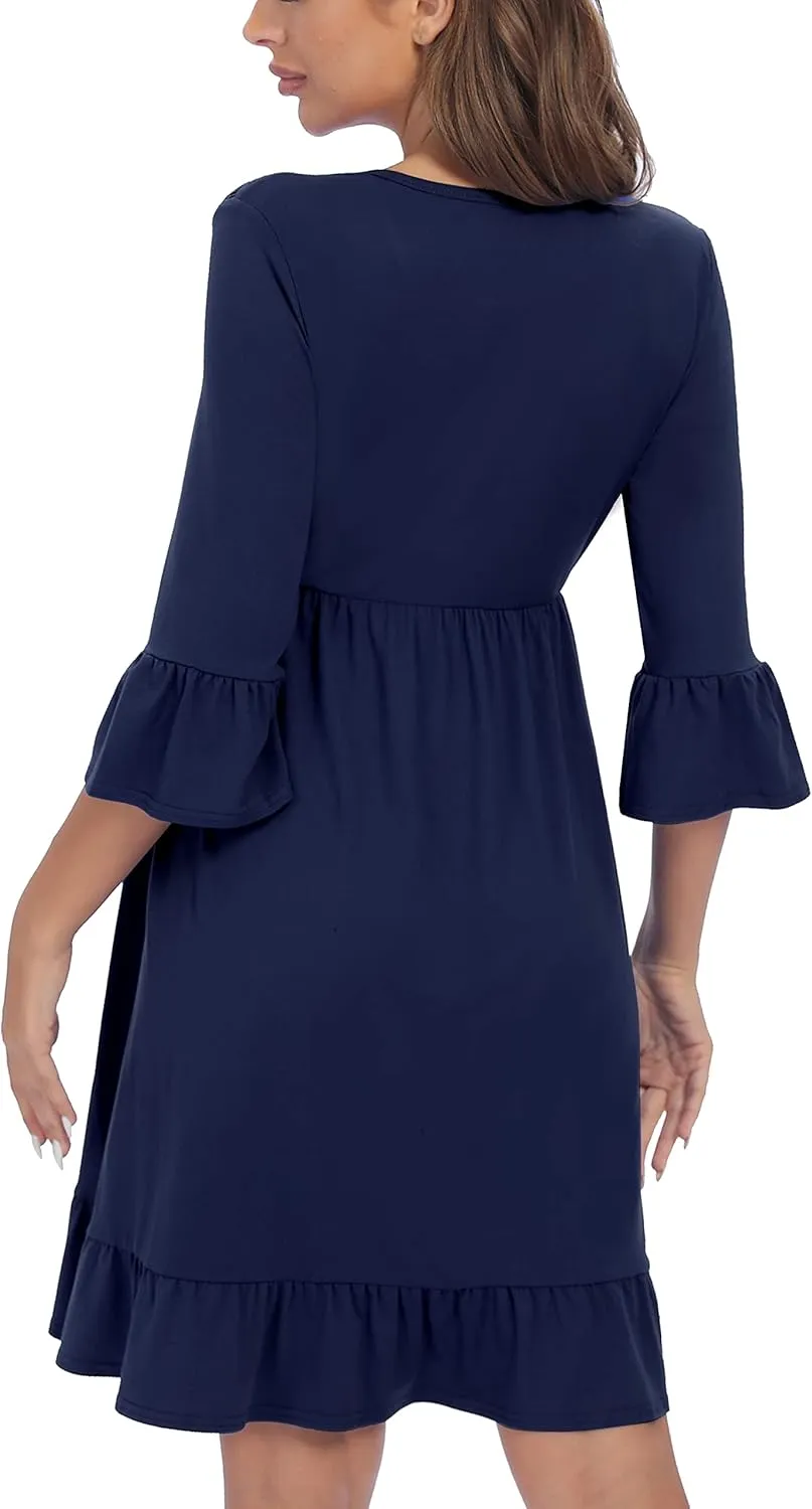 3/4 Sleeve Maternity Dress, V Neck Fall Casual Smocked Flowy Midi Dress for Baby Shower Photoshoot