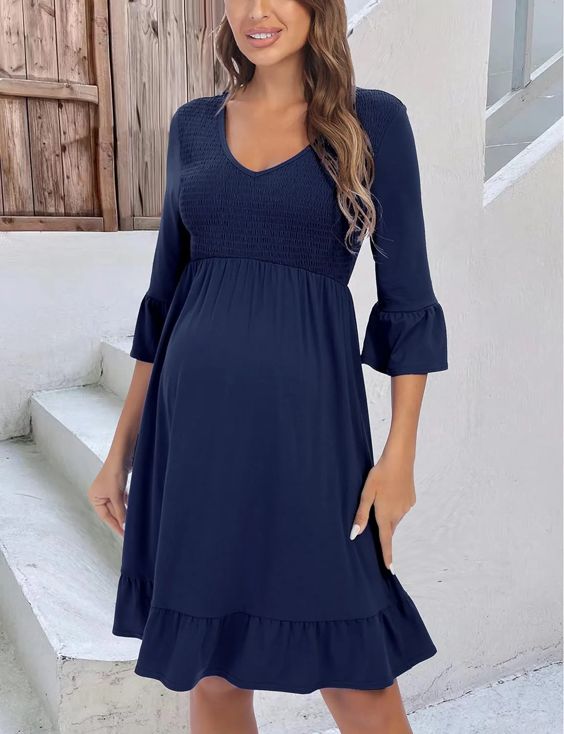 3/4 Sleeve Maternity Dress, V Neck Fall Casual Smocked Flowy Midi Dress for Baby Shower Photoshoot