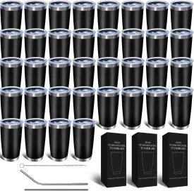 36 Packs, 20oz Stainless Steel Bulk Tumblers with Lids and Straws, Leakproof Double Wall Travel Mug for Hot/Cold Drinks, Home Office Outdoor Party Use, Durable Powder Coated Insulated Cup/Black