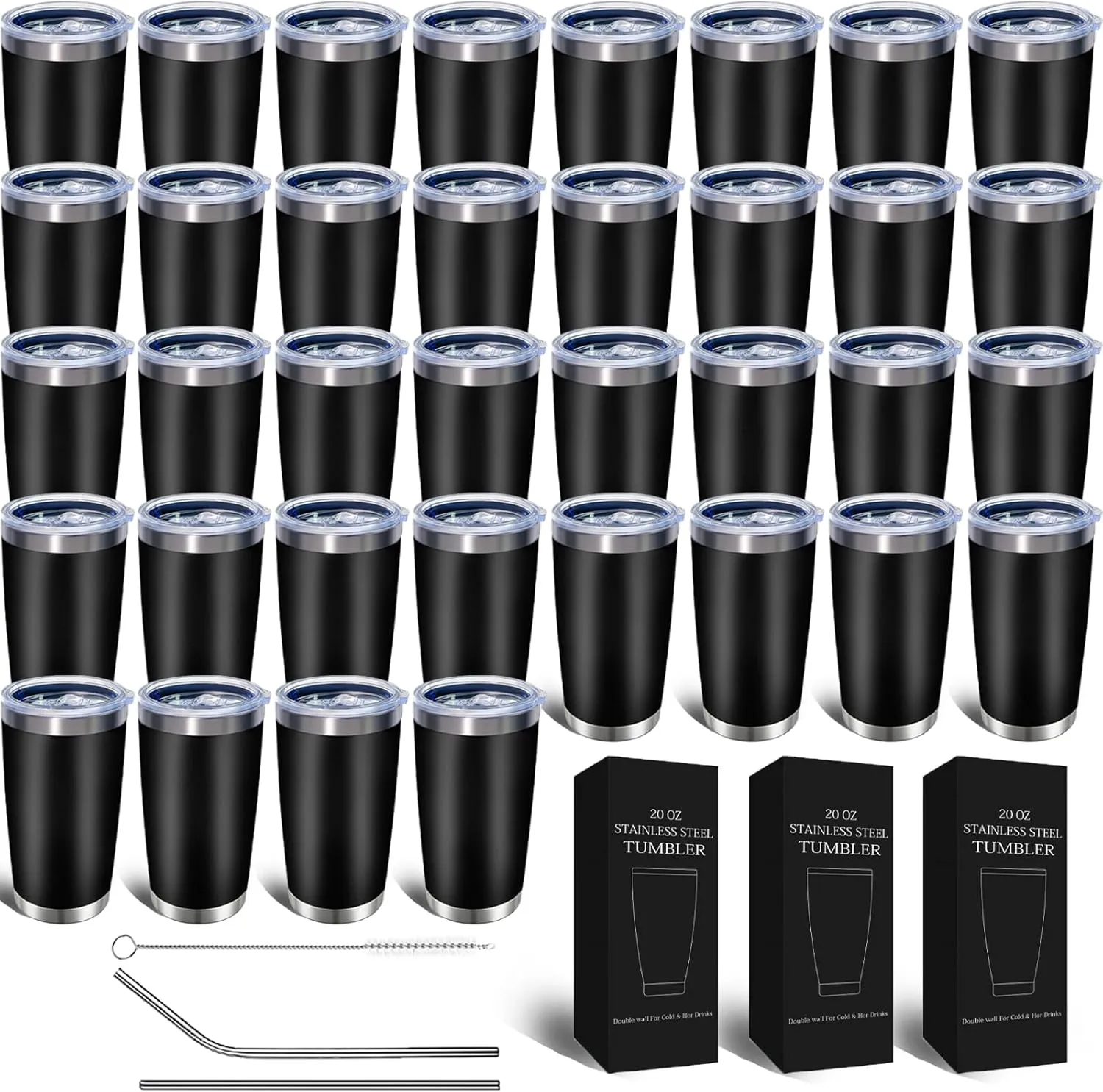 36 Packs, 20oz Stainless Steel Bulk Tumblers with Lids and Straws, Leakproof Double Wall Travel Mug for Hot/Cold Drinks, Home Office Outdoor Party Use, Durable Powder Coated Insulated Cup/Black