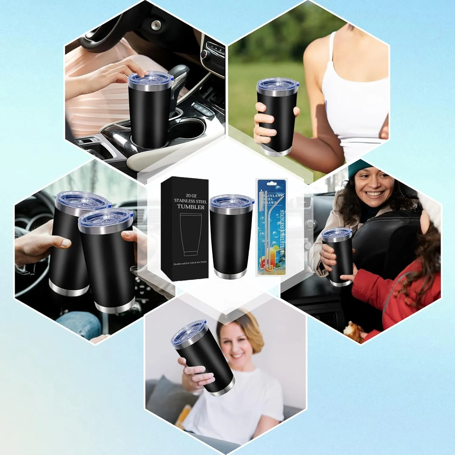 36 Packs, 20oz Stainless Steel Bulk Tumblers with Lids and Straws, Leakproof Double Wall Travel Mug for Hot/Cold Drinks, Home Office Outdoor Party Use, Durable Powder Coated Insulated Cup/Black