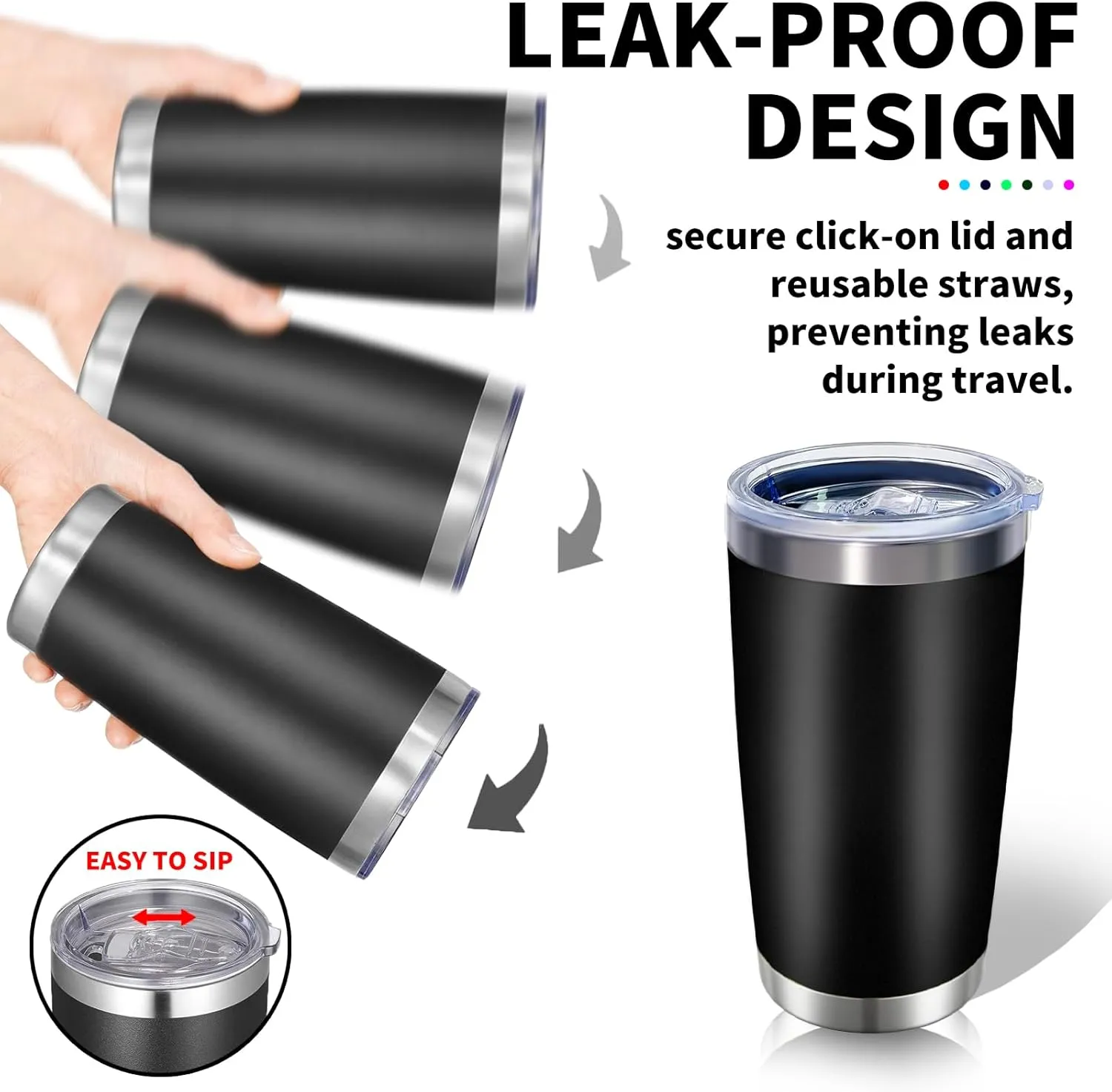 36 Packs, 20oz Stainless Steel Bulk Tumblers with Lids and Straws, Leakproof Double Wall Travel Mug for Hot/Cold Drinks, Home Office Outdoor Party Use, Durable Powder Coated Insulated Cup/Black