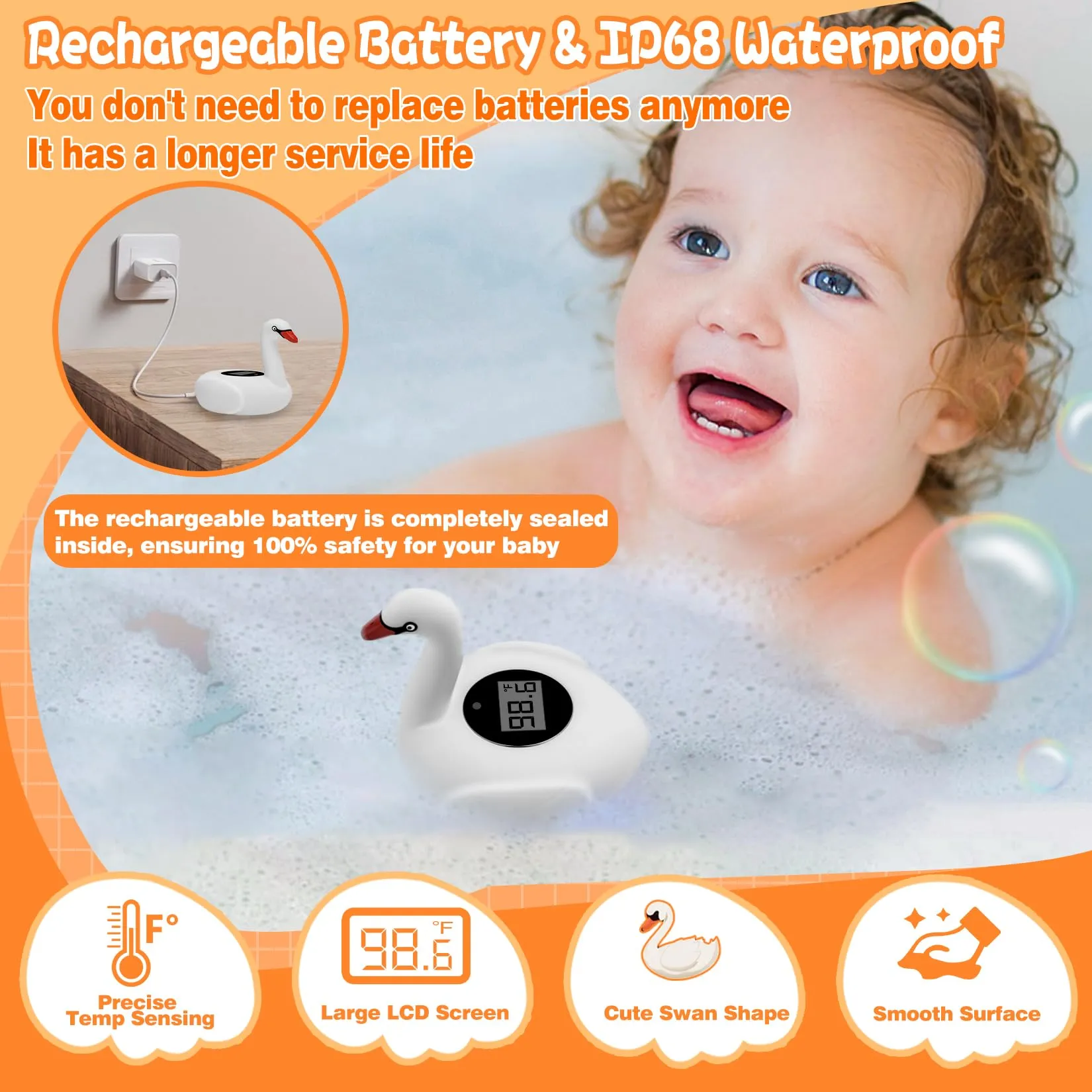 Baby Bath Thermometer with Colorful Lights, Rechargeable Bath Thermometer Baby Safety, Swan Baby Bath Temperature Toy, BPA-Free Baby Bathtub Water Thermometer for Newborn, Infants, Pregnancy