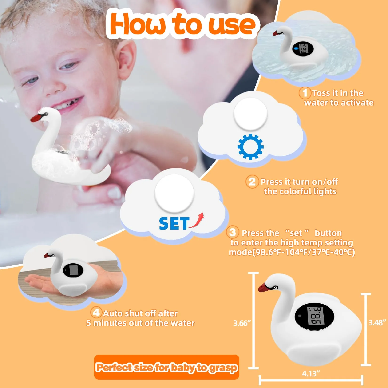 Baby Bath Thermometer with Colorful Lights, Rechargeable Bath Thermometer Baby Safety, Swan Baby Bath Temperature Toy, BPA-Free Baby Bathtub Water Thermometer for Newborn, Infants, Pregnancy