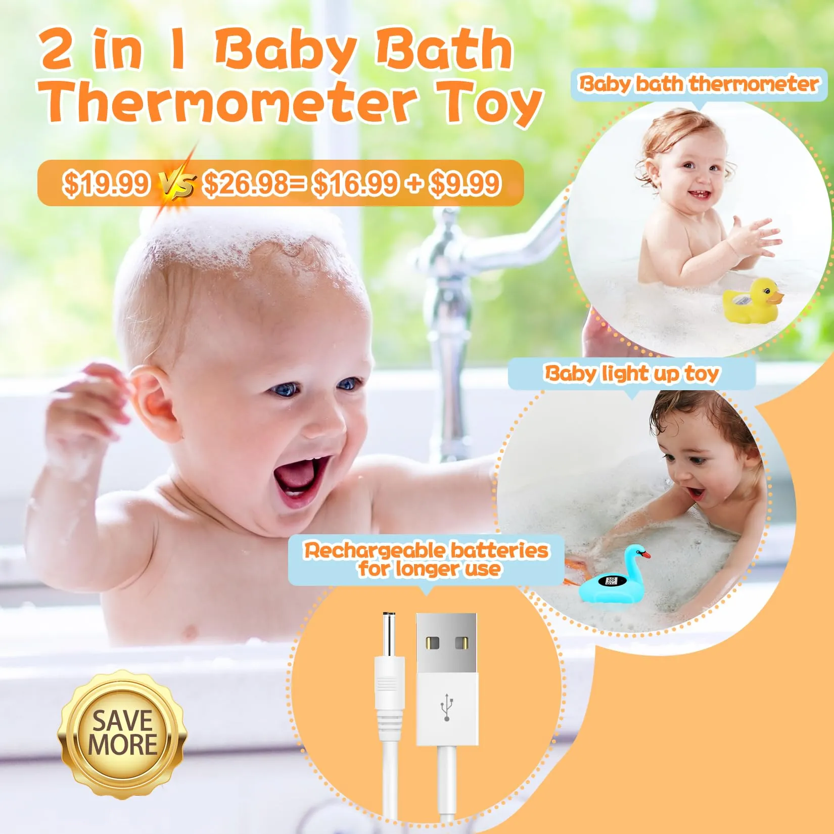 Baby Bath Thermometer with Colorful Lights, Rechargeable Bath Thermometer Baby Safety, Swan Baby Bath Temperature Toy, BPA-Free Baby Bathtub Water Thermometer for Newborn, Infants, Pregnancy