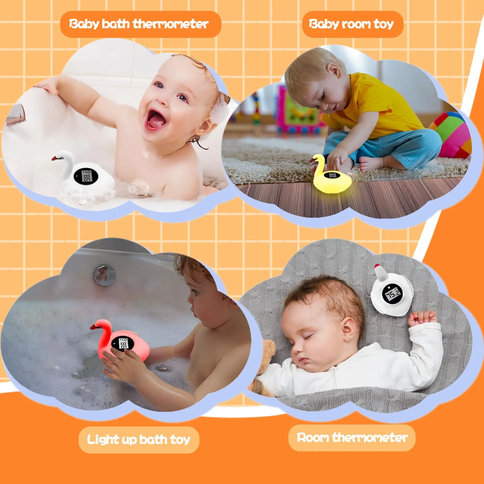 Baby Bath Thermometer with Colorful Lights, Rechargeable Bath Thermometer Baby Safety, Swan Baby Bath Temperature Toy, BPA-Free Baby Bathtub Water Thermometer for Newborn, Infants, Pregnancy
