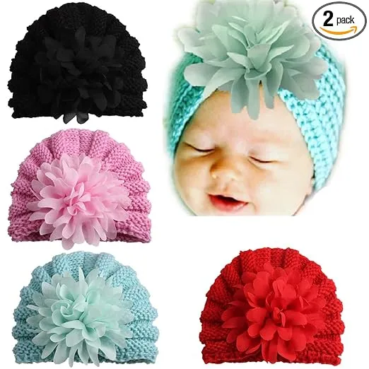 Babymoon | Set of 2 | Knit Flower Cap  Newborn Photography Crochet Outfit Costume | Blue & Red