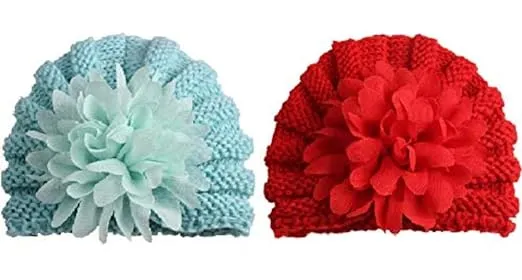 Babymoon | Set of 2 | Knit Flower Cap  Newborn Photography Crochet Outfit Costume | Blue & Red