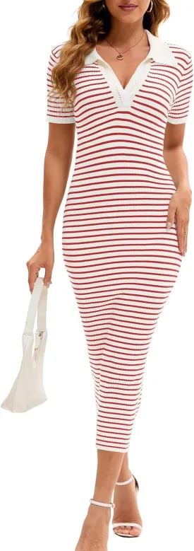 Cioatin Women Short Sleeve Striped Knit Bodycon Midi Dresses Polo Collar V Neck Long Maxi Dress Slim Fit Formal Party