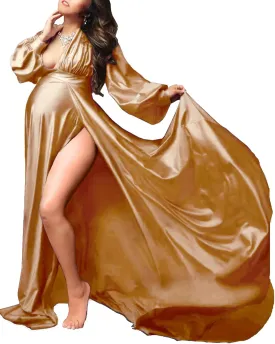 Dedysler Maternity Photo Shoot Dress Long Sleeve Maxi Maternity Gown Side Splits Baby Shower Photoshoot for Photography