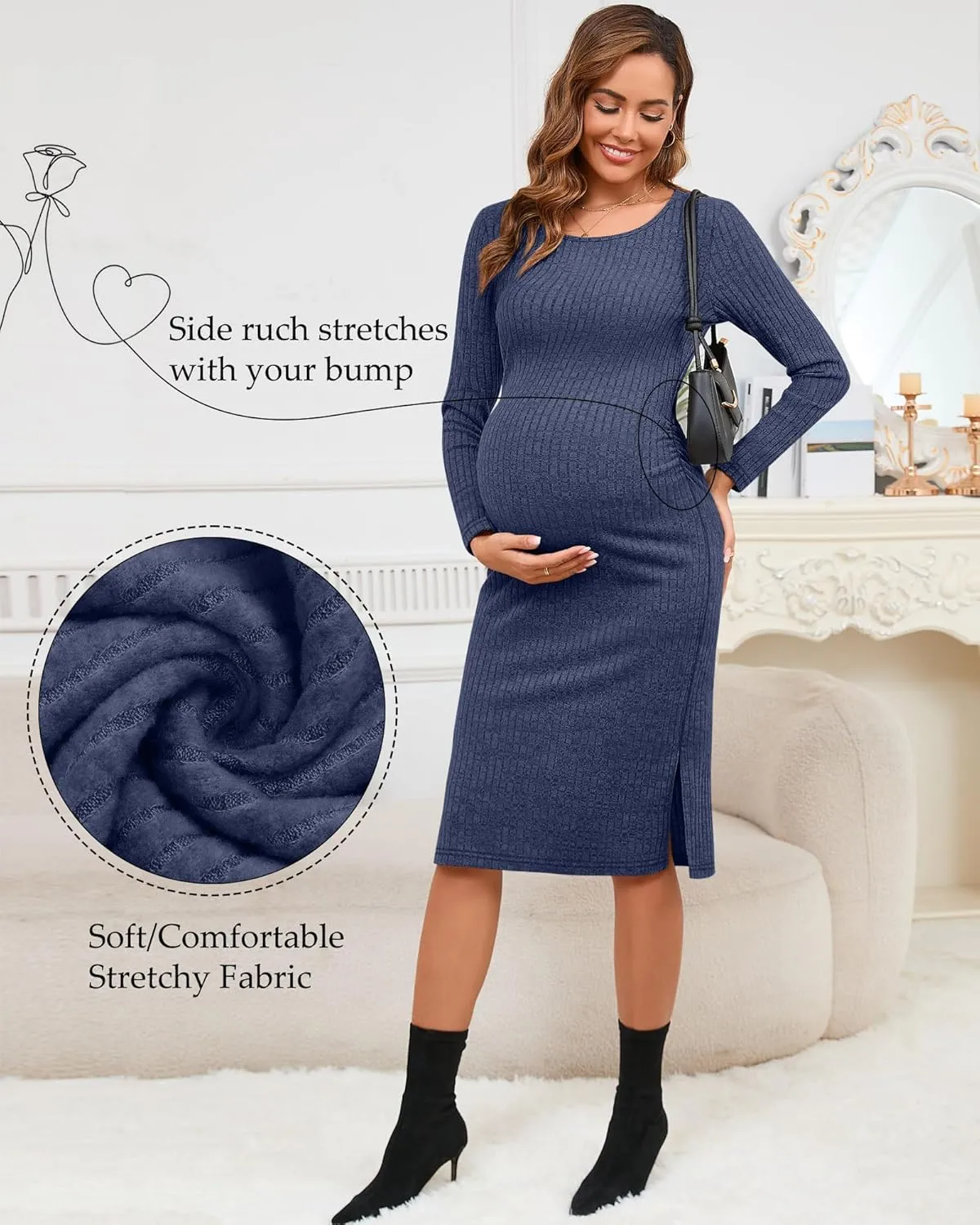 Ficerd Women's Ribbed Knit Maternity Dresses Long Sleeve Pregnancy Bodycon Dress 2025 Split Stretchy Clothes for Baby Shower