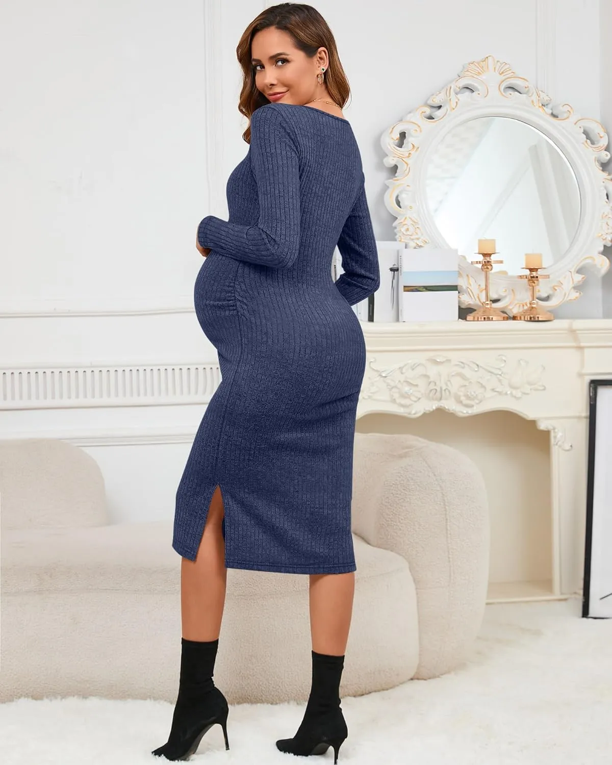 Ficerd Women's Ribbed Knit Maternity Dresses Long Sleeve Pregnancy Bodycon Dress 2025 Split Stretchy Clothes for Baby Shower