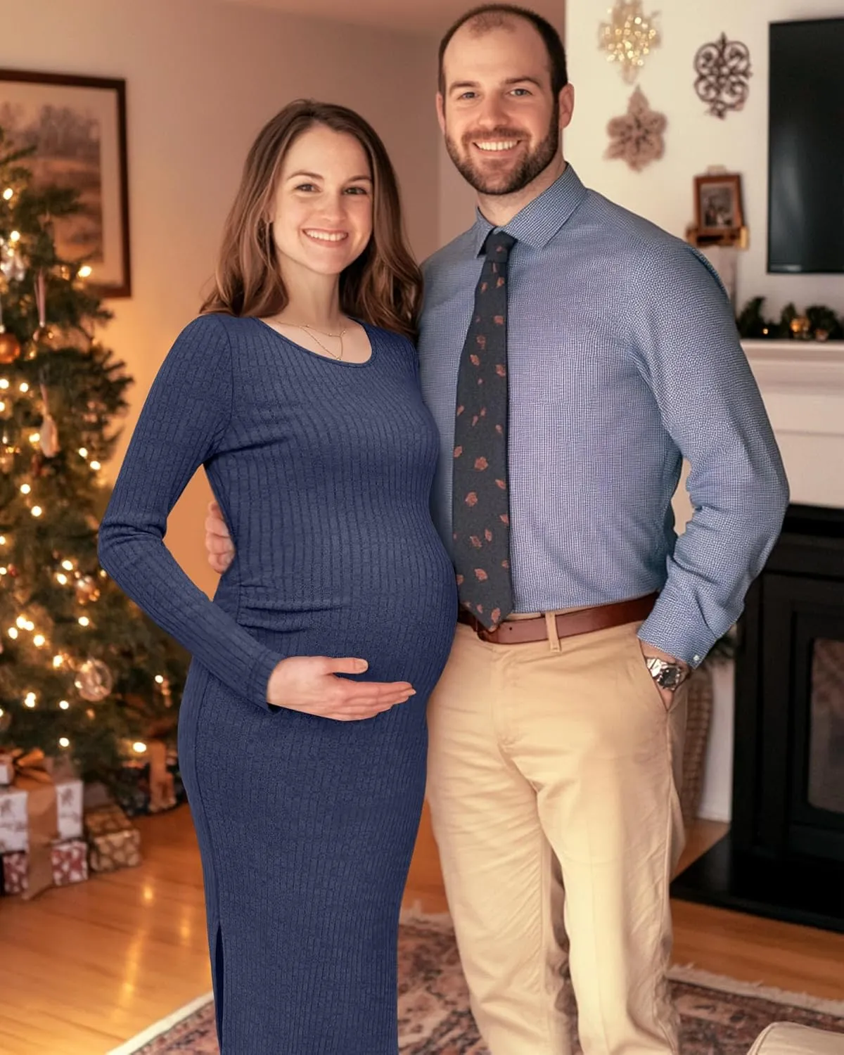 Ficerd Women's Ribbed Knit Maternity Dresses Long Sleeve Pregnancy Bodycon Dress 2025 Split Stretchy Clothes for Baby Shower