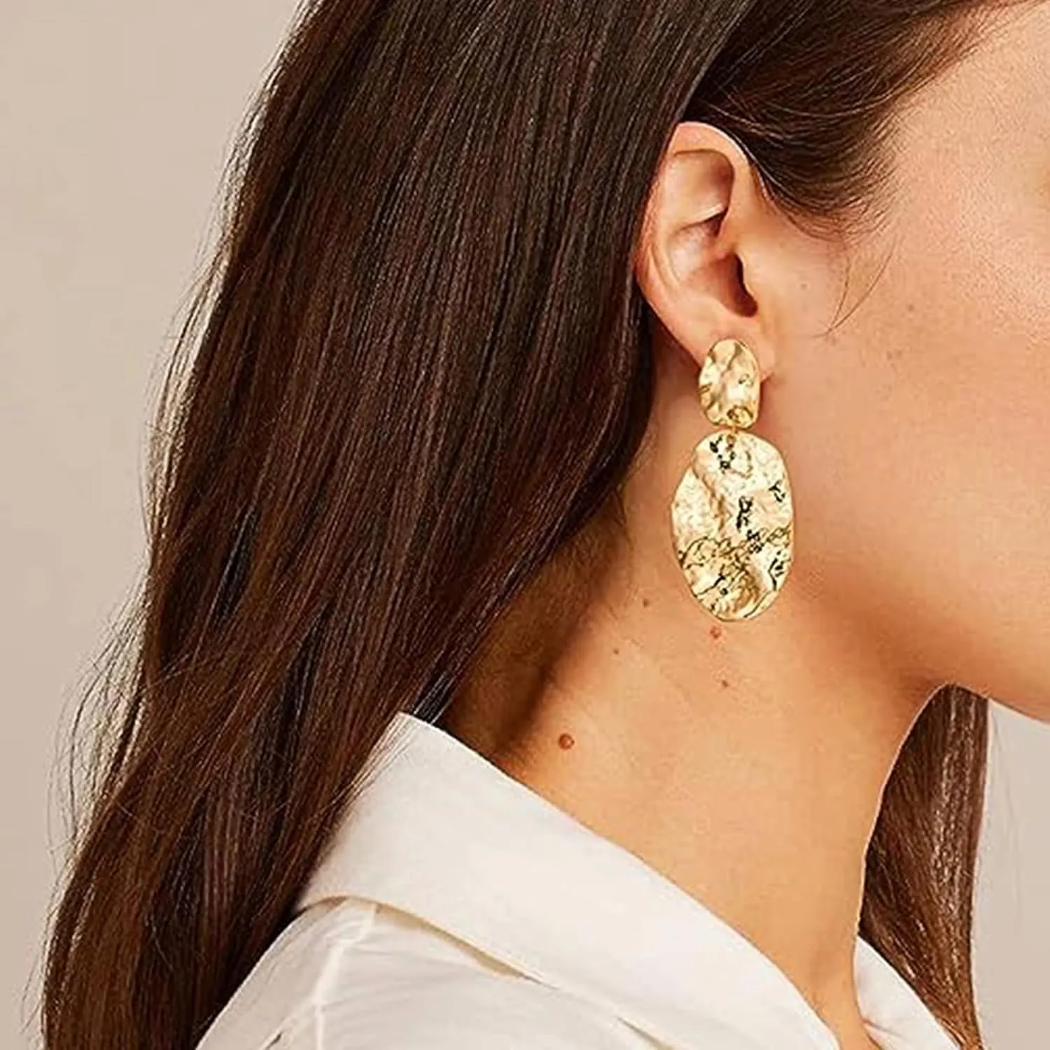 Gold Women Earrings Gold Statement Earrings Geometric Round Hammered Earrings Big Teardrop Dangle Earrings for Women Girls