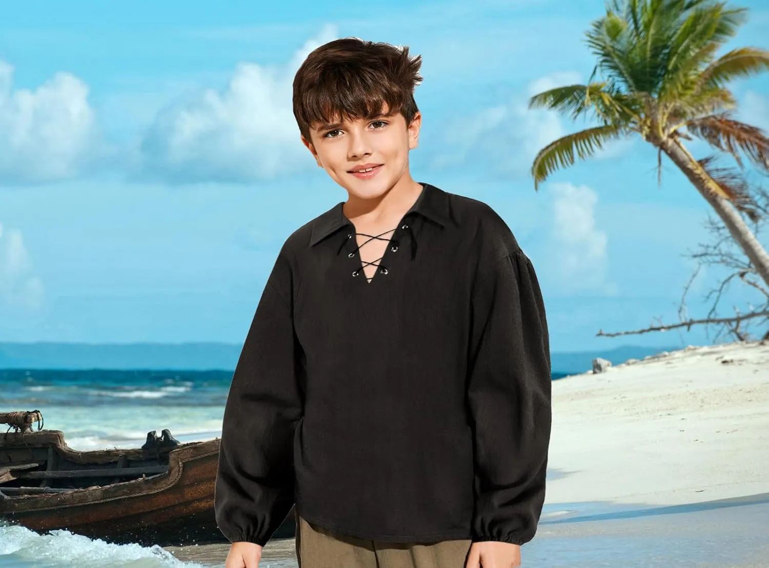 Kids Medieval Viking Pirate Renaissance Retro Costume Shirt for Boys Halloween Party Cosplay 3-12 Years