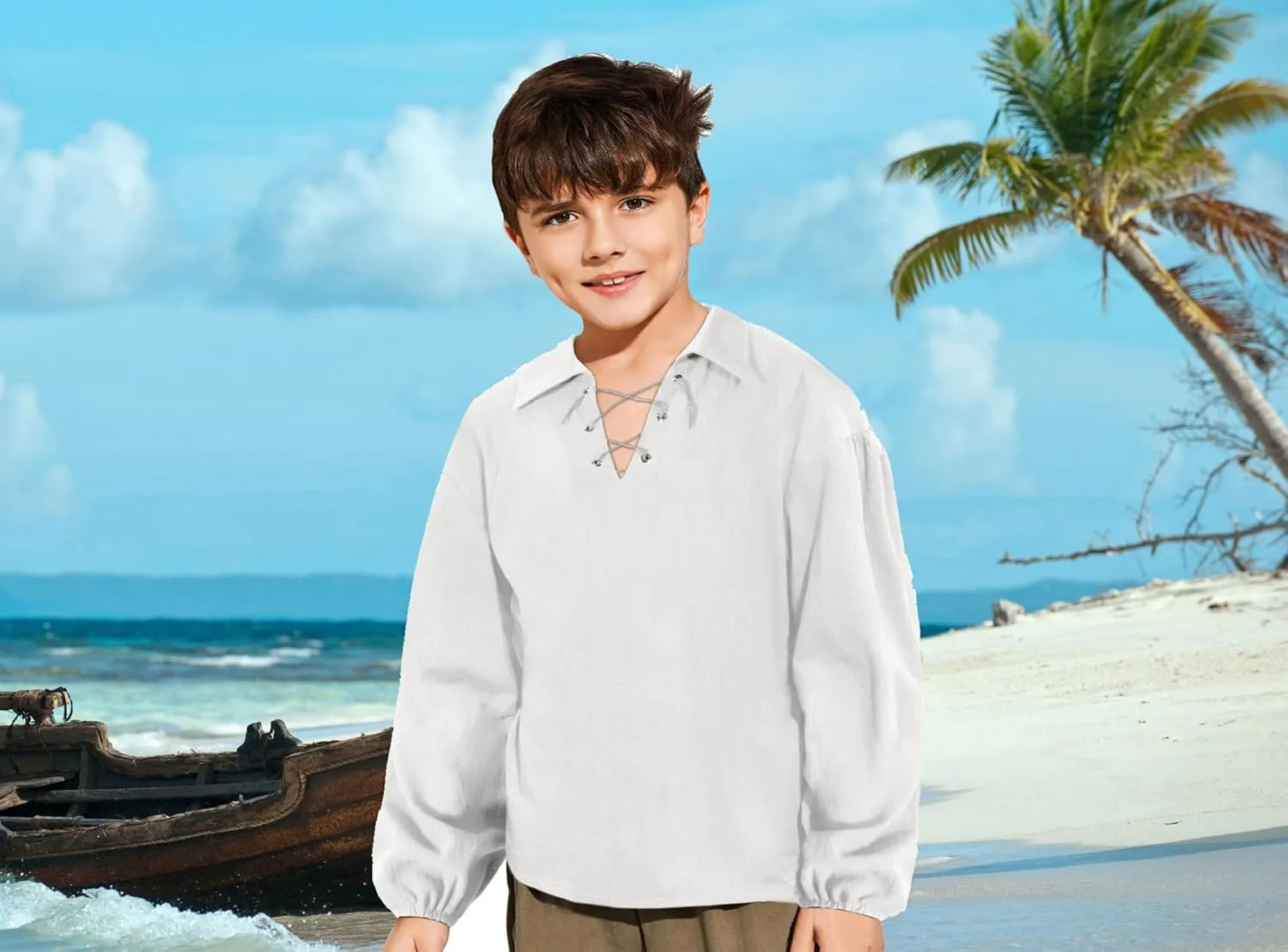 Kids Medieval Viking Pirate Renaissance Retro Costume Shirt for Boys Halloween Party Cosplay 3-12 Years