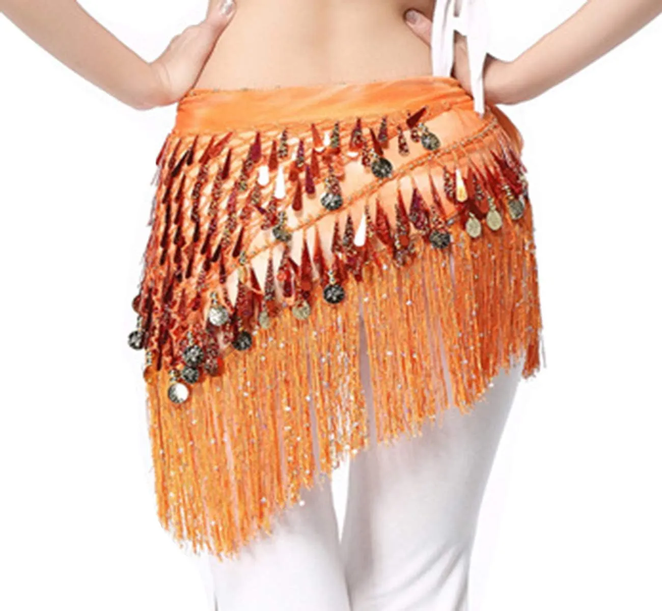 Lauthen.S Belly Dance Hip Scarf with Tassels Sequins, Triangle Coins Wrap Skirt Music Festival Clothing
