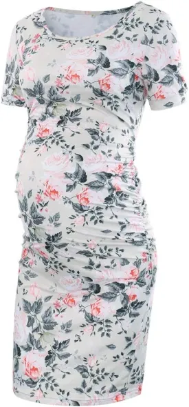 Liu & Qu Women's Maternity Bodycon Ruched Side Dress Casual Short & 3/4 Sleeve Dress for Daily Wearing Or Baby Shower