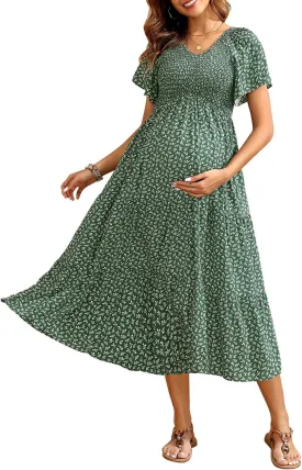 Maternity Dress for Baby Shower - 2025 Photoshoot Pregnancy Summer Midi Casual Flutter Sleeve Dress