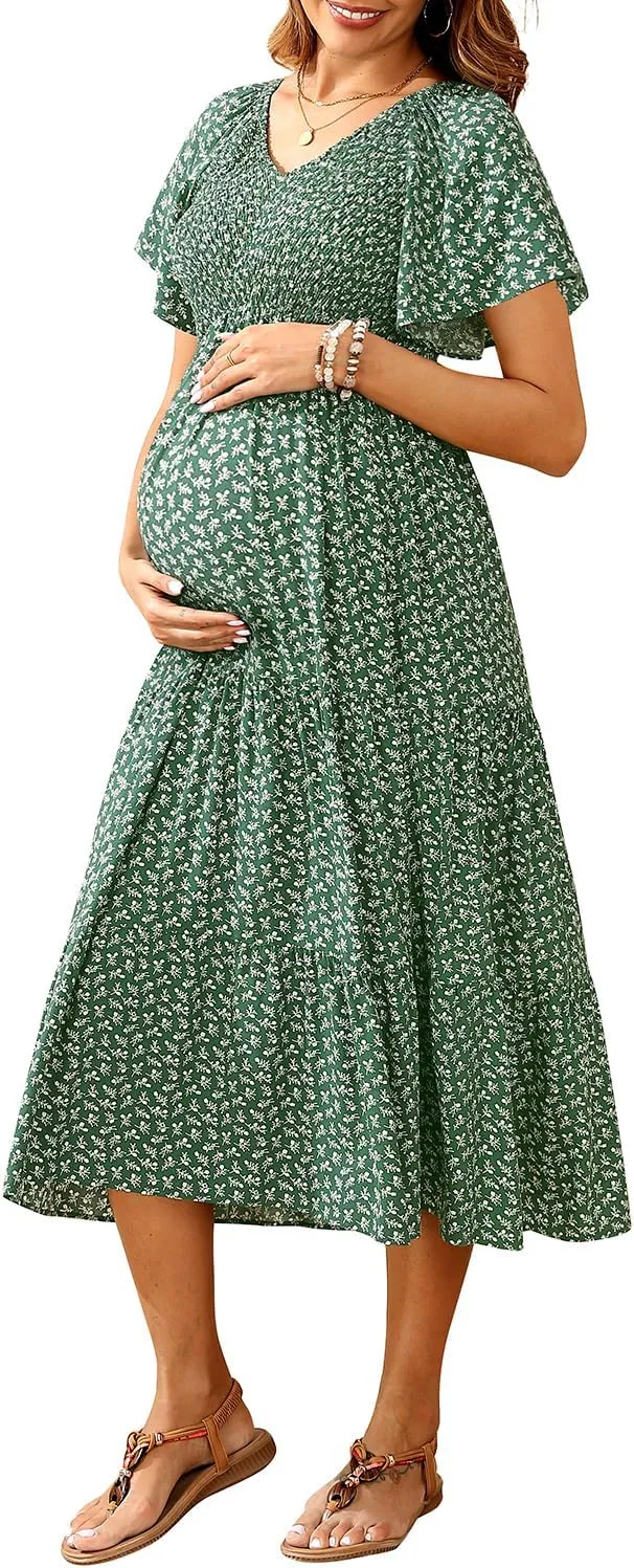 Maternity Dress for Baby Shower - 2025 Photoshoot Pregnancy Summer Midi Casual Flutter Sleeve Dress