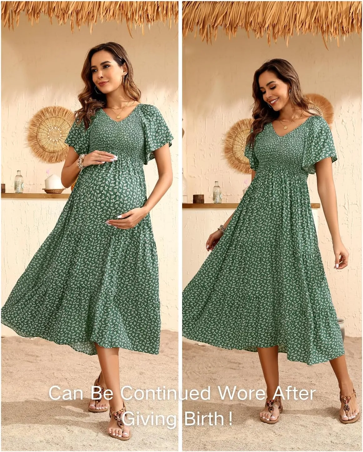Maternity Dress for Baby Shower - 2025 Photoshoot Pregnancy Summer Midi Casual Flutter Sleeve Dress