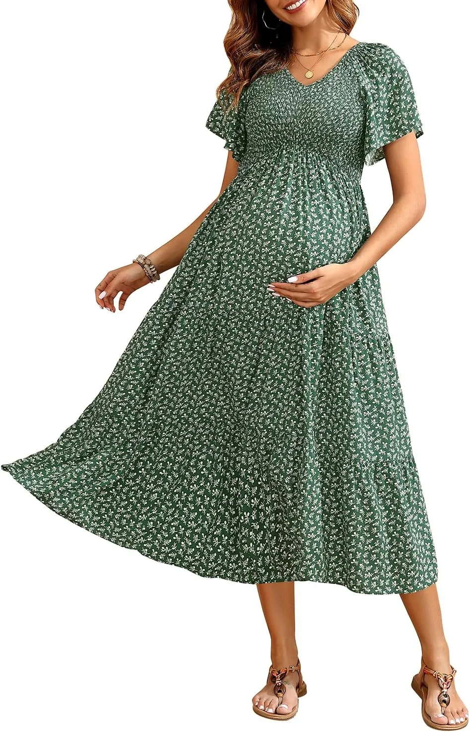 Maternity Dress for Baby Shower - 2025 Photoshoot Pregnancy Summer Midi Casual Flutter Sleeve Dress