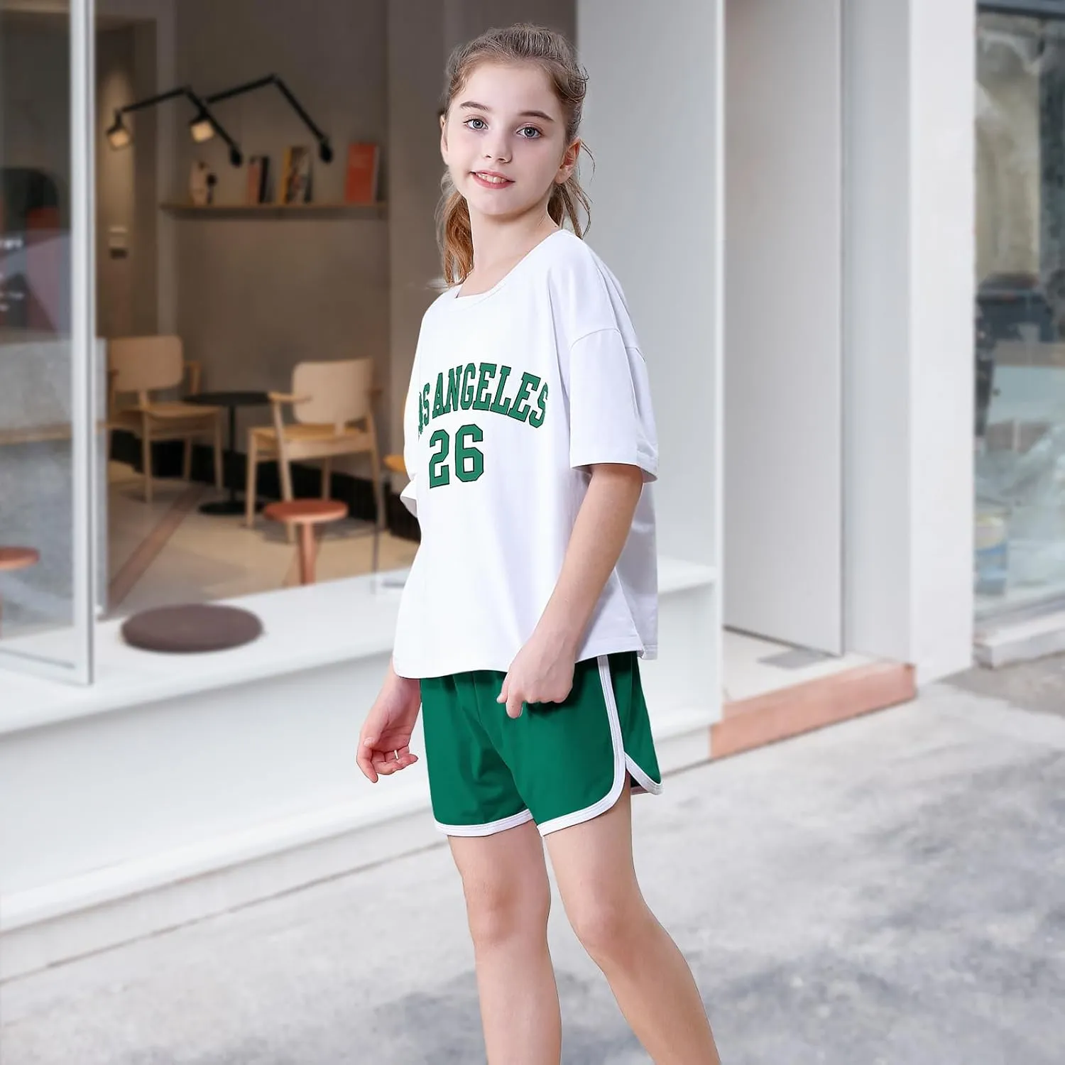 Neutocd Girls 2 Piece Outfits Short Sleeve T Shirt and Dolphin Shorts Letter Girls Athletic Sets Cotton Summer Outfits