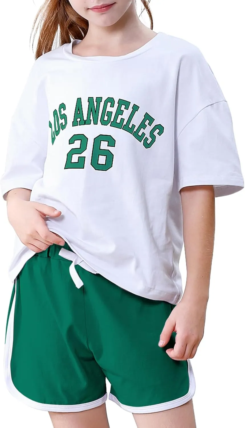Neutocd Girls 2 Piece Outfits Short Sleeve T Shirt and Dolphin Shorts Letter Girls Athletic Sets Cotton Summer Outfits