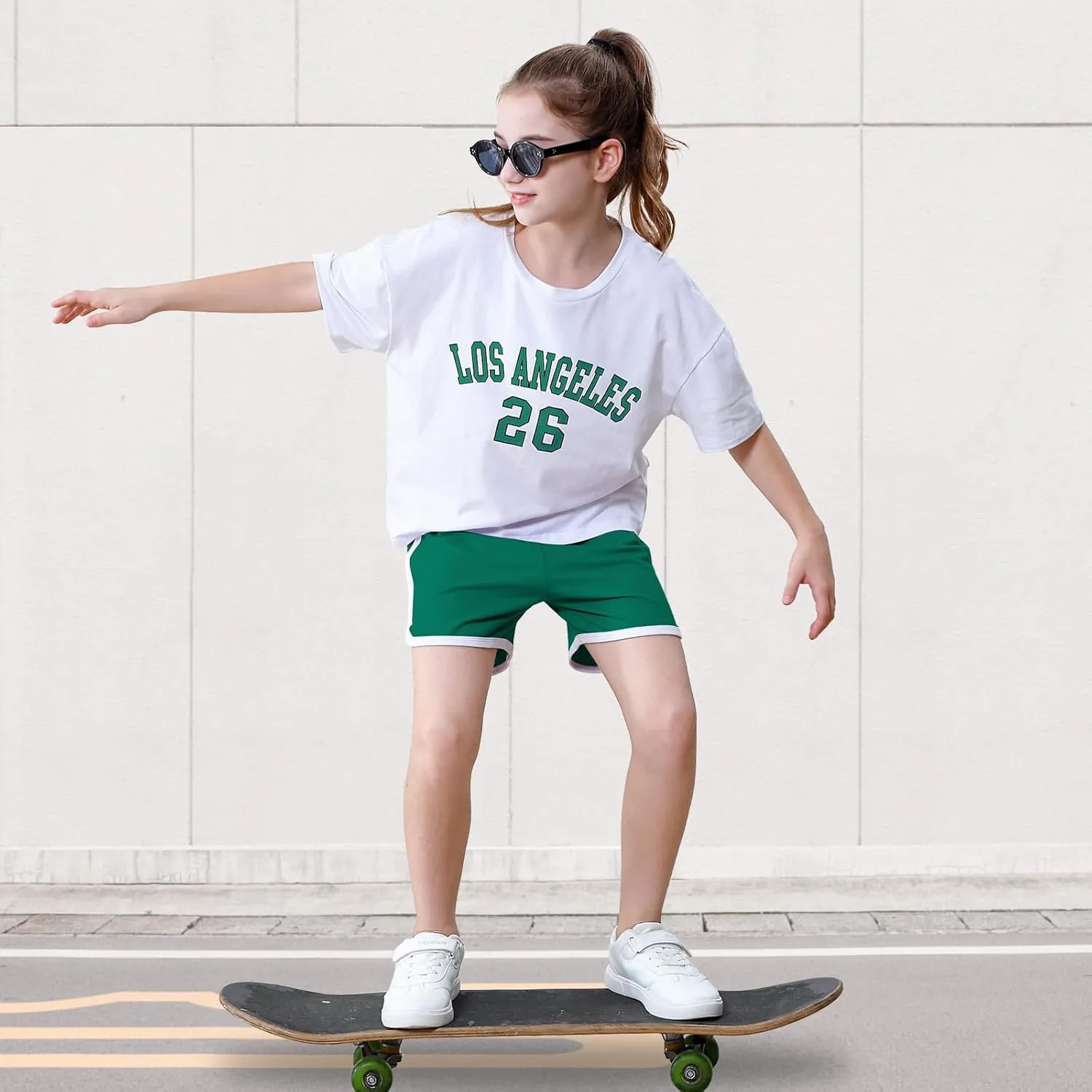 Neutocd Girls 2 Piece Outfits Short Sleeve T Shirt and Dolphin Shorts Letter Girls Athletic Sets Cotton Summer Outfits