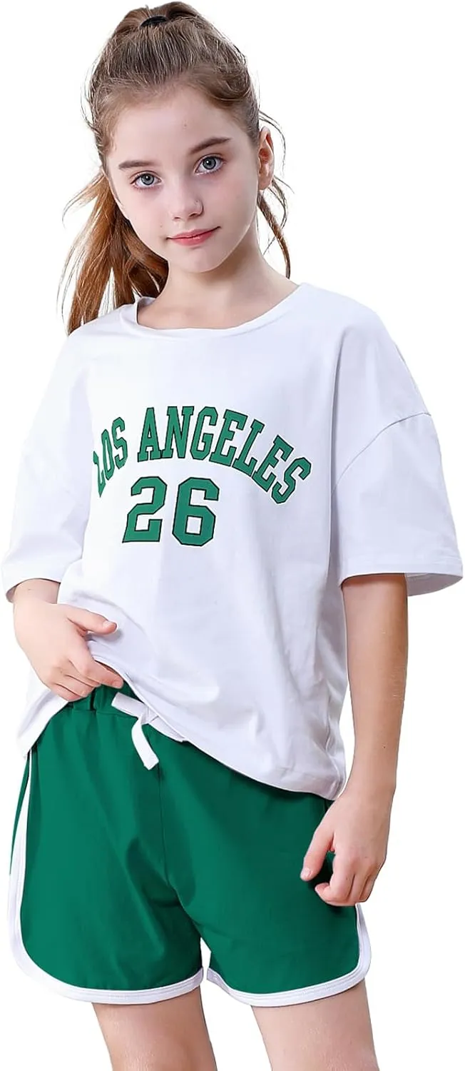 Neutocd Girls 2 Piece Outfits Short Sleeve T Shirt and Dolphin Shorts Letter Girls Athletic Sets Cotton Summer Outfits