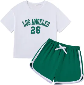 Neutocd Girls 2 Piece Outfits Short Sleeve T Shirt and Dolphin Shorts Letter Girls Athletic Sets Cotton Summer Outfits