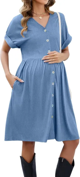 OUGES Womens 2025 Summer Maternity Dress Short Sleeve V Neck Button Down Pregnancy Casual Maternity Clothes with Pockets