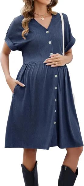 OUGES Womens 2025 Summer Maternity Dress Short Sleeve V Neck Button Down Pregnancy Casual Maternity Clothes with Pockets