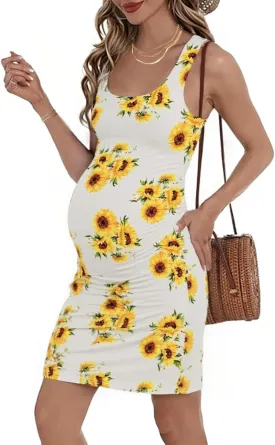 Peauty "B Shape Side Ruch Maternity Tank Dress/Bodycon Midi Dress for Everyday Wear Baby Shower