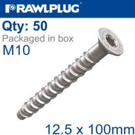 RAWLPLUG CONCRETE SCREW BOLT M10 12,5X100 MM CSK HEAD ZINC FLAKE COAT 50/BOX RAW R-LX-10X100-CS-ZF