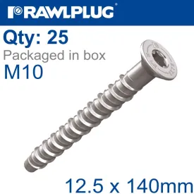 RAWLPLUG CONCRETE SCREWBOLT M10 12.5X140MM CSK HEAD ZINC BOX OF 25 RAW R-LX-10X140-CS-ZP