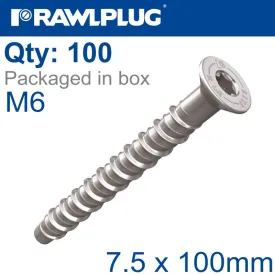 RAWLPLUG CONCRETE SCREWBOLT M6 7.5X100MM CSK ZINC FL X100-BOX RAW R-LX-06X100-CS-ZF