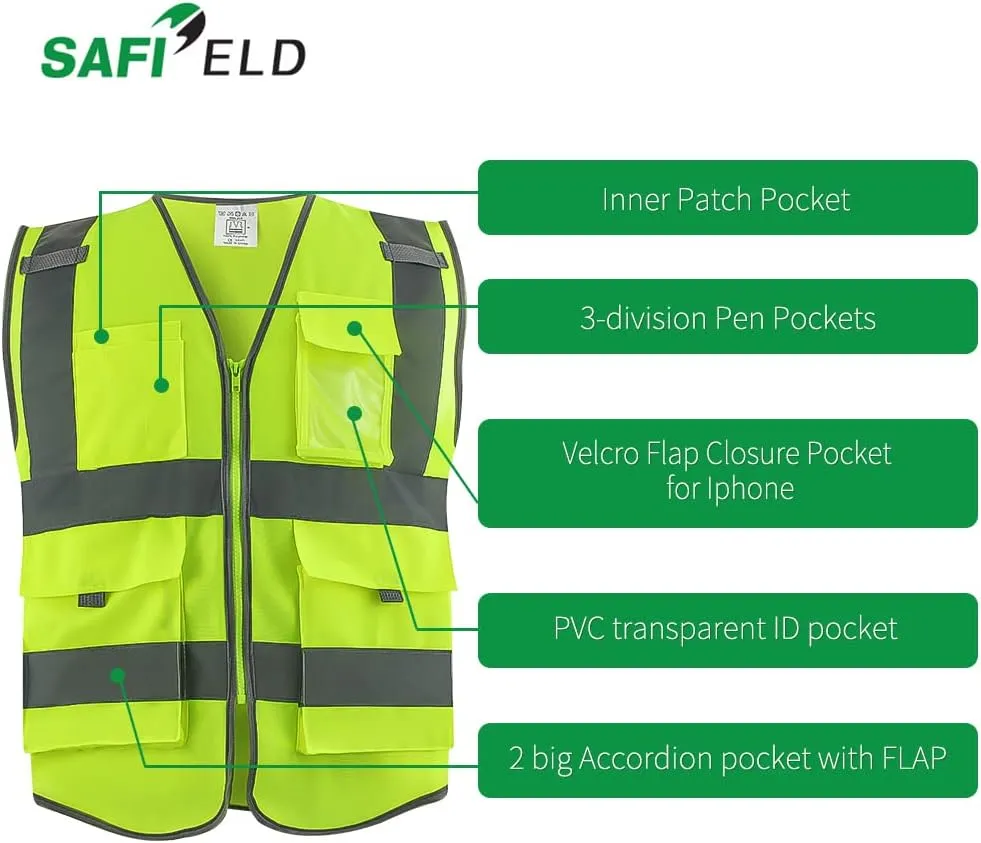 Safety Reflective Work Vest 6 Pack for Men and Women with 8 Pockets and Zipper High Visibility Construction Outerwear