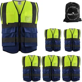 Safety Reflective Work Vest 6 Pack for Men and Women with 8 Pockets and Zipper High Visibility Construction Outerwear