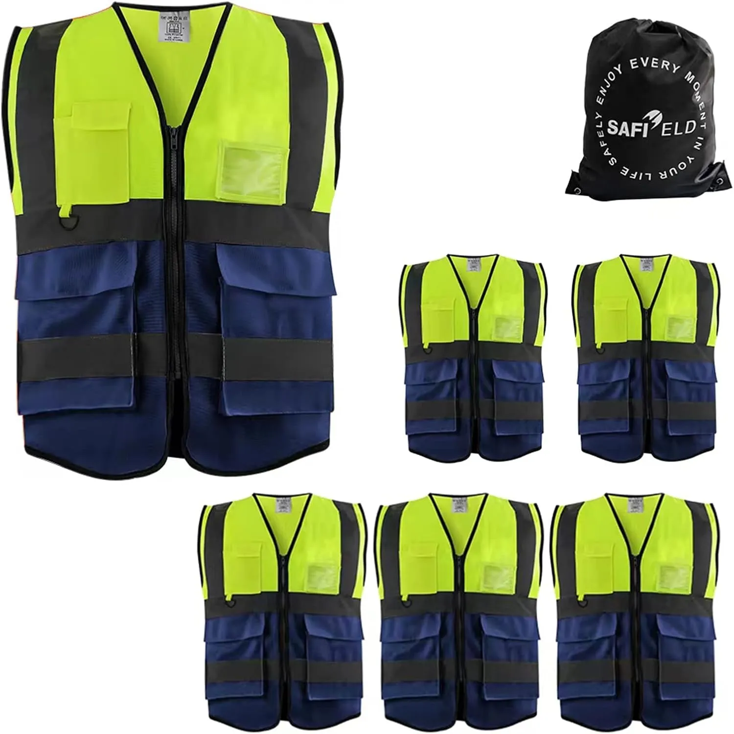 Safety Reflective Work Vest 6 Pack for Men and Women with 8 Pockets and Zipper High Visibility Construction Outerwear