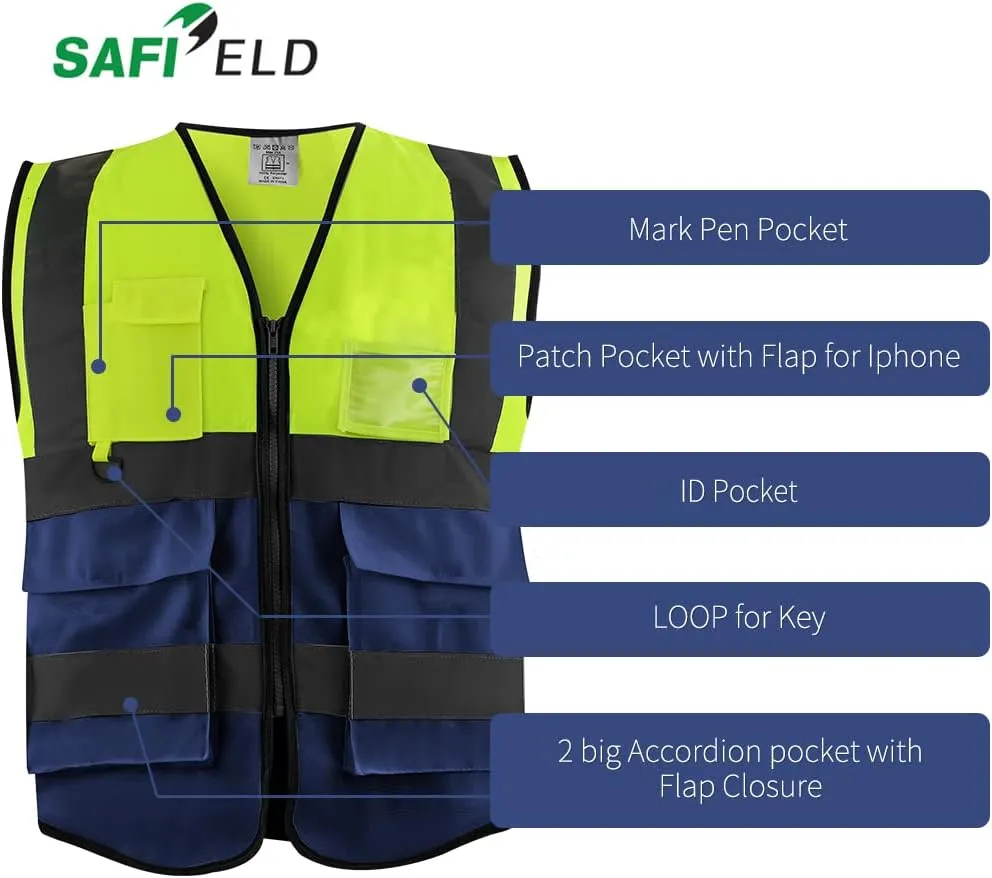 Safety Reflective Work Vest 6 Pack for Men and Women with 8 Pockets and Zipper High Visibility Construction Outerwear