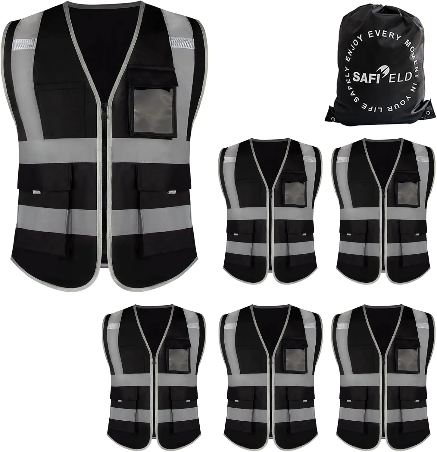 Safety Reflective Work Vest 6 Pack for Men and Women with 8 Pockets and Zipper High Visibility Construction Outerwear